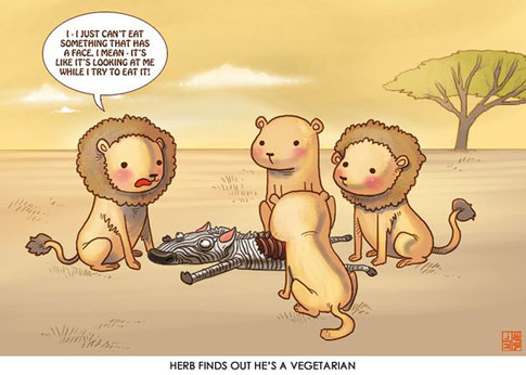 Sheharzad Arshad vegetarian lion cartoon reposted by The Yale Record college humor magazine.