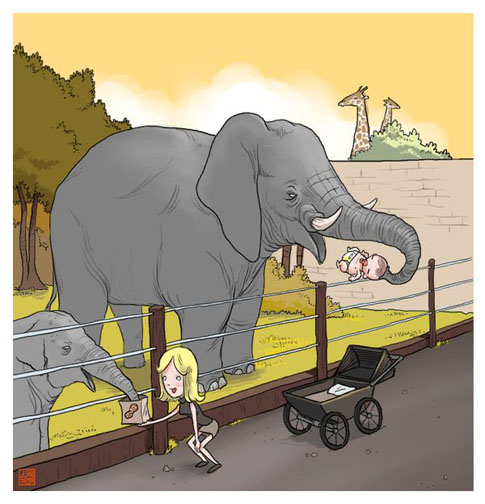 Sheharzad Arshad elephant and baby cartoon reposted by The Yale Record college humor magazine.