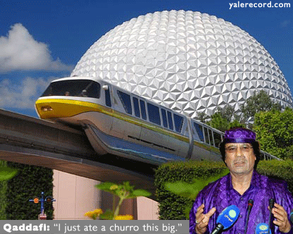 Qaddafi/Epcot collage by Gerber at The Yale Record humor magazine at yalerecord.com.