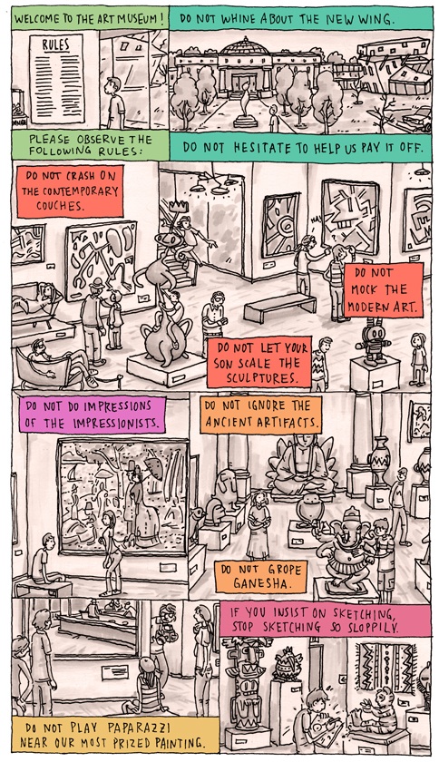 Museum Rules cartoon by Grant Snider reposted by The Yale Record college humor magazine